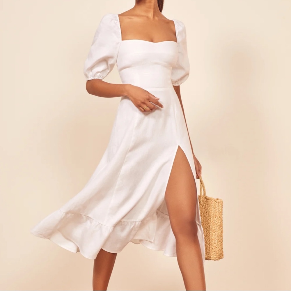 Reformation Belgium Linen Dress in white. Great for engagement/bridal/graduation